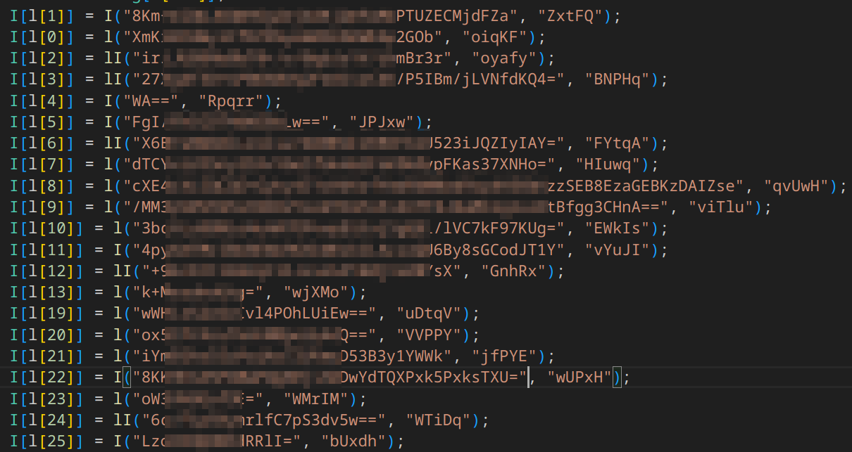 Screenshot of various Base64-encoded Strings in the java code