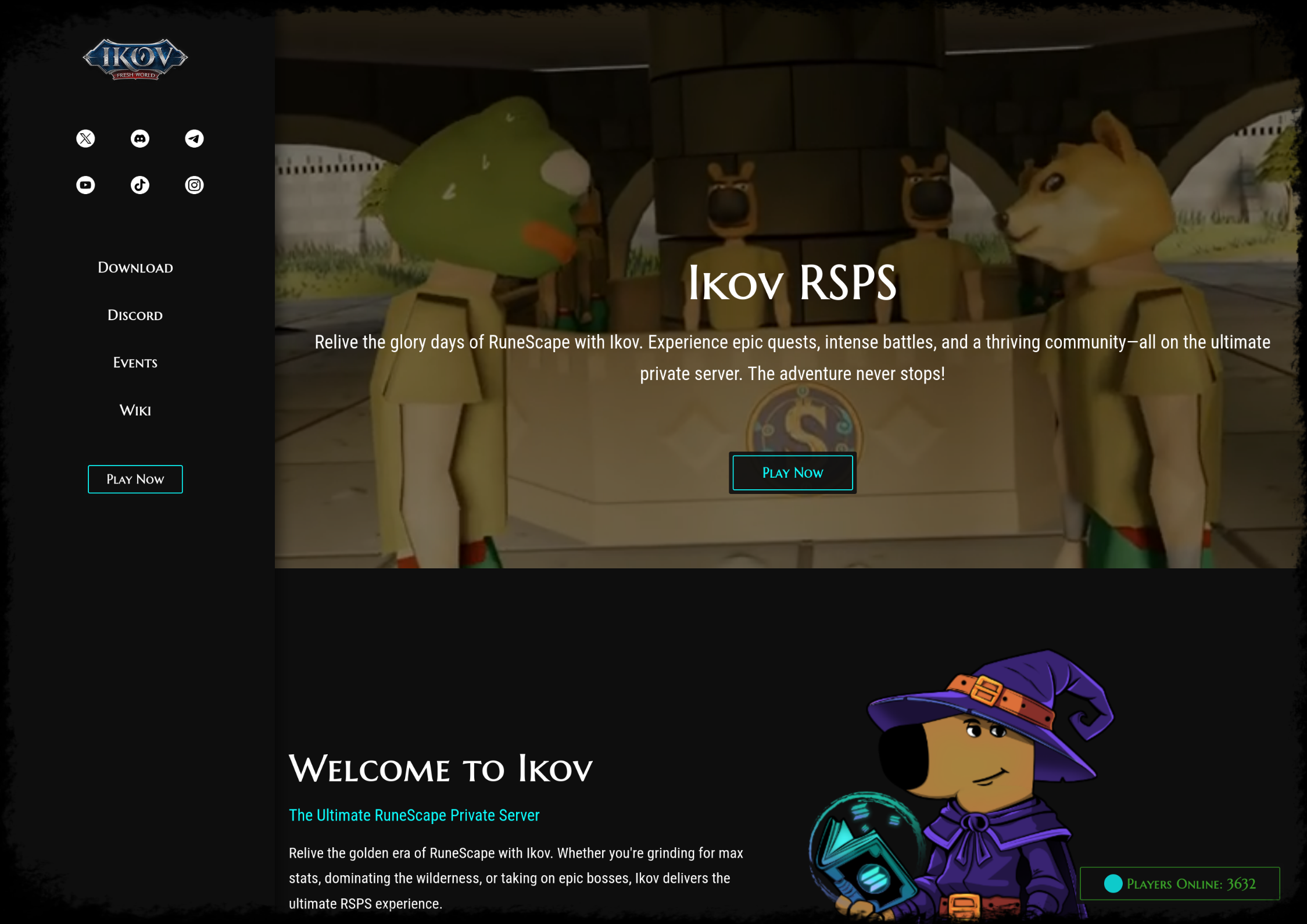 Screenshot of the private server website, with a header image of two characters standing wearing a Pepe Frog and Doge head